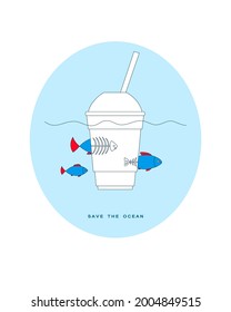 Сoncept of ocean plastic pollution. The fish fall into a plastic cup and turn into a skeleton. The symbol of the death of marine animals from plastic.Ecological poster, banner, emblem, slogan. Vector.