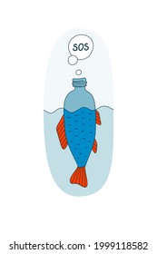 Сoncept of ocean plastic pollution. The fish turns into a plastic bottle and asks for rescue. Ecological poster, banner, emblem with slogan SOS. Vector.