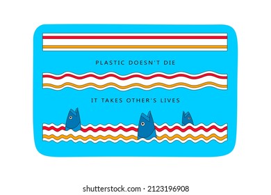 Сoncept of ocean plastic pollution. The ocean has turned to big plastic straw and the fish are suffocating and dying in it. Ecological banner, emblem with slogan. Vector.