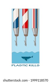 Сoncept of ocean plastic pollution. Plastic juice straws in the form of harpoons kill a whale.
Ecological poster, banner, emblem, slogan. Vector.