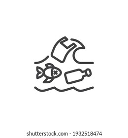 Icono de la línea de contaminación de plástico del océano. signo de estilo lineal para concepto móvil y diseño web. Agua de mar con residuos plásticos e ícono vector de contorno de peces. Símbolo, ilustración del logotipo. Gráficos vectoriales