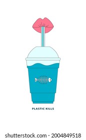 Сoncept of ocean plastic pollution. The lips drink juice from a plastic cup, but in reality they take life from the ocean and the animals disappear. Ecological banner, emblem with slogan. Vector