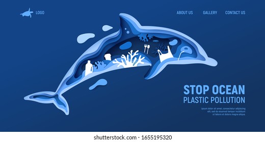 Ocean plastic pollution page template with dolphin silhouette. Paper cut dolphin with plastic rubbish, fish, bubbles and coral reefs isolated on classic blue background. Save the ocean vector.