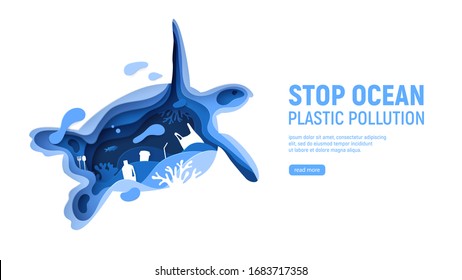 Ocean plastic pollution page template with turtle silhouette. Paper cut tortoise with plastic rubbish, fish, bubbles and coral reefs isolated on white background. Paper art vector illustration