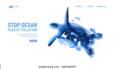 Ocean plastic pollution page template with turtle silhouette. Paper cut tortoise with plastic rubbish, fish, bubbles and coral reefs isolated on white background. Paper art vector illustration