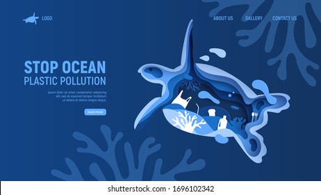 Ocean plastic pollution page template with turtle silhouette. Paper cut tortoise with plastic rubbish, fish, bubbles and coral reefs isolated on classic blue background. Save the ocean vector