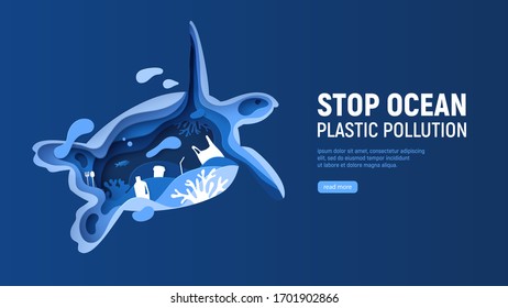 Ocean plastic pollution page template with turtle silhouette. Paper cut tortoise with plastic rubbish, fish, bubbles and coral reefs isolated on classic blue background. Save the ocean vector