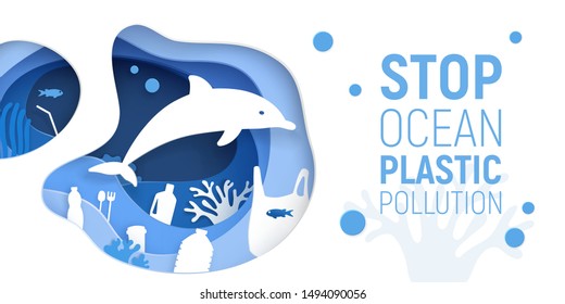 Ocean Plastic Pollution. Paper Cut Underwater Background With Plastic Rubbish, Dolphin And Coral Reefs. Save The Ocean Concept. Eco Problem Poster. Paper Art Vector Illustration