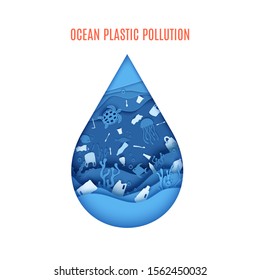 Ocean plastic pollution poster. Paper cut drop form depth under water sea cave with fishes, coral reef, seabed in algae, waves disposable tableware rubbish. Vector concept World Oceans Day 8 June.