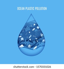 Ocean Plastic Pollution Poster. Paper Cut Drop Form Depth Under Water Sea Cave With Fishes, Coral Reef, Seabed In Algae, Waves Disposable Tableware Rubbish. Vector Concept World Oceans Day 8 June.