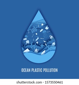 Ocean plastic pollution poster. Paper cut drop form depth under water sea cave with fishes, coral reef, seabed in algae, waves disposable tableware rubbish. Vector concept World Oceans Day 8 June