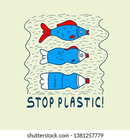 Сoncept of ocean plastic pollution. Pseudo evolution of marine animals under the influence of pollution with the slogan stop plastic. Ecological poster, banner, emblem. Vector.
