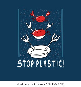 Сoncept of ocean plastic pollution. Pseudo evolution of marine animals under the influence of pollution with the slogan.
Ecological poster, banner, emblem, slogan. Vector.