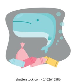 Ocean plastic pollution. Raster illustration in flat cartoon style on white background