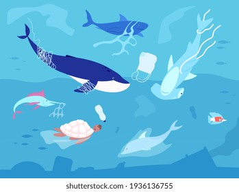 Ocean plastic pollution. Sea plastics, animal wildlife and water polluted. Marine animals with waste, ecology catastrophe utter vector concept