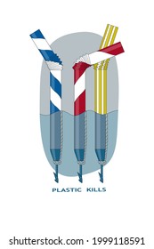 Сoncept of ocean plastic pollution. Plastic straws under ocean water transform into harpoons aimed at marine animals.
Ecological poster, banner, emblem, slogan. Vector.