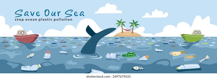 Arte vectorial de contaminación por plásticos en el océano. Contaminación del agua con ilustración de plástico. Contaminación en el océano. Limpiar los plásticos oceánicos. Basura plástica en el mar. Detener la contaminación por plásticos en los océanos. Guardar Nuestra tierra.