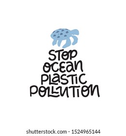Ocean plastic pollution vector banner. Lettering with turtle. Sea waters contamination, oceanic ecology problems. Marine life protection, reducing underwater ecosystem contamination poster design