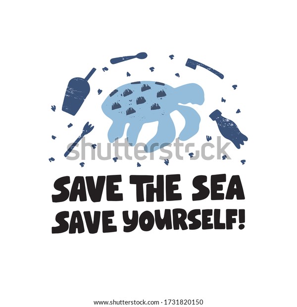 Ocean plastic pollution vector banner. Lettering with turtle. Sea