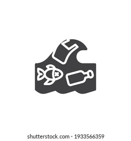 Icono del vector de contaminación de plástico oceánico. signo plano relleno para concepto móvil y diseño web. Agua de mar con residuos plásticos e ícono de glifo de pescado. Símbolo, ilustración del logotipo. Gráficos vectoriales