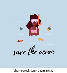 Ocean plastic pollution vector illustration. Save the ocean. A african young woman swiming in water contaminated with plastic waste. Girl in a swimming mask is unhappy with condition sea.