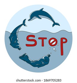 Сoncept of ocean plastic pollution.Pseudo evolution of a dolphin into a plastic bottle by the influence of environmental pollution with the slogan.
Ecological poster, banner, emblem, slogan. Vector.