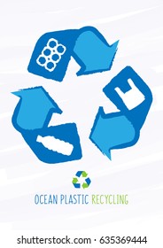 Ocean plastic recycling vector illustration. Plastic garbage (bag, bottle) in the ocean graphic design. Water waste problem creative concept.
