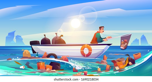 Ocean polluted water cleanup, man on wooden boat cleaning sea surface catching plastic garbage with skip. Eco pollution problem, trash floating on dirty underwater surface, Cartoon vector illustration