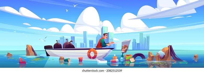 Ocean polluted water cleanup, man on wooden boat cleaning sea surface catch plastic garbage with skip at modern city skyline. Urban eco pollution, trash on dirty waterfront Cartoon vector illustration
