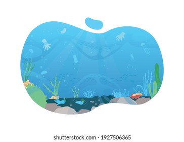 Ocean pollution 2D vector web banner, poster. Protection from corona virus. Plastic rubish in water. Pandemic flat landscape on cartoon background. Covid printable patch, colorful web element