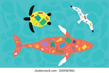 Ocean pollution affects sea life such as marine mammals birds sea turtles silhouette. Accumulation of plastic in the food chain. Plastic waste rubbish pollution flat art vector image.