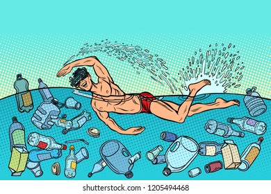 Ocean pollution by plastic trash. Ecology concept. virtual reality glasses. man swimmer swims. Pop art retro vector illustration vintage kitsch