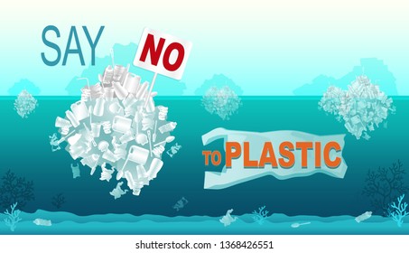 Рlastic ocean pollution concept. Earth Day concept. Plastic debris contaminating the seabed and coral reefs. Ecological disaster of plastic trash in the ocean.