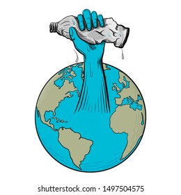 Ocean Pollution Concept With Plastic Water Bottle and Earth. Hand Drawn Vector Illustration 