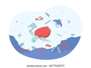 Ocean pollution concept. Turtle swims next to plastic bottles. Ocean pollution from garbage and toxic waste. Sea danger and disaster. Environmental damage. Cartoon flat vector illustration