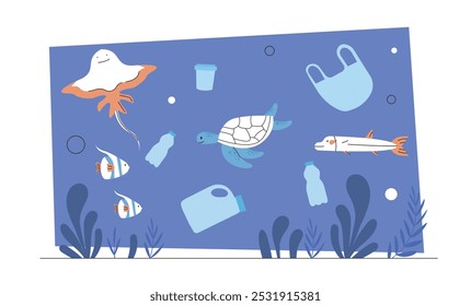 Ocean pollution concept. Turtles and fish swim underwater near plastic bottles and bags. Garbage and trash in sea. Plastic pollution. Flat vector illustration isolated on white background