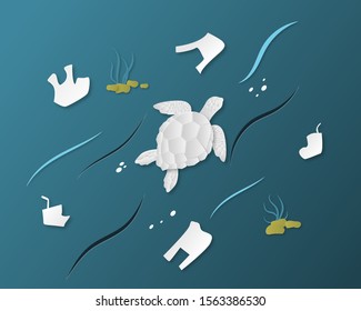 Ocean pollution concept. Underwater with turtle and plastic bag in paper cut style. Digital craft paper art.