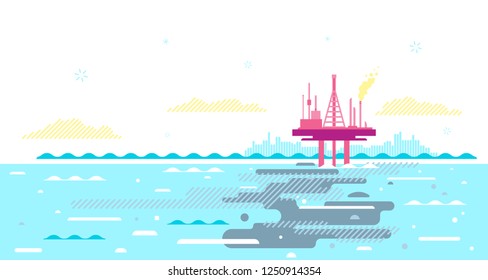 Ocean pollution with crude oil from oil platform, oil in sea water ecological disaster concept illustration, environmental pollution, trash in seawater