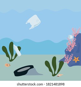 Ocean pollution and the dangers of plastic on marine life illustration.