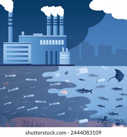 Ocean pollution, ecology concept banner. Dirty industries and underwater wildlife. Factory dumps toxic substances into the water. Living and dead fish swim in polluted water. Flat vector illustration