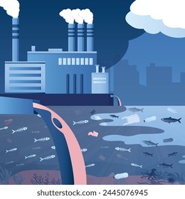 Ocean pollution, ecology concept. Dirty industries, underwater wildlife. Big factory pipes dumps toxic substances into the water. Living and dead fish swim in polluted water. Flat vector illustration