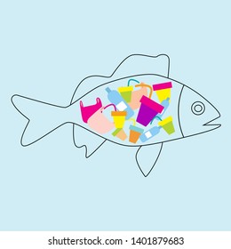 ocean pollution, environmental protection. Ecological concept - pastic bottle, bag and lettering - say no to plastic, on white background. Problem of trash, pollution of planet, oceans. vector