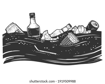 Ocean pollution with garbage in water sketch engraving vector illustration. T-shirt apparel print design. Scratch board imitation. Black and white hand drawn image.