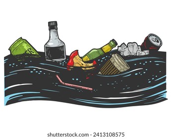 Contaminación oceánica con basura en bocetos de agua dibujados a mano grabando el color de la ilustración vectorial. Diseño de impresión de ropa de camiseta. Imitación de tablero de raquetas. Imagen dibujada a mano en blanco y negro.