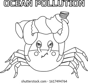 
Ocean pollution. The global problem of mankind. Crab with a plastic bottle in claws. Black outline on a white isolated background. Inscription. Vector and illustration.