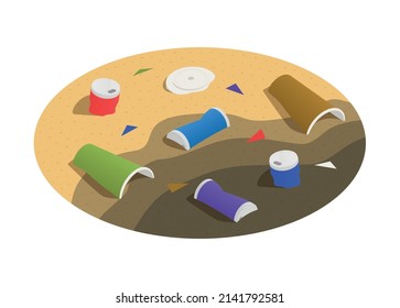 Ocean pollution icon with plastic rubbish on shore and in water isometric vector illustration