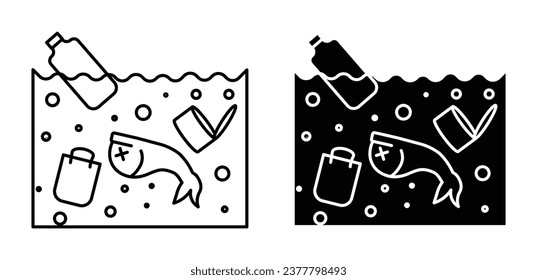 Icono de contaminación oceánica conjunto en un estilo de relleno negro y delineado. Símbolo vector de contaminación de botellas plásticas de agua marina para diseños ui.