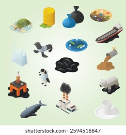 Ocean pollution isolated set with sixteen isolated icons of waste materials and items on blank background vector illustration