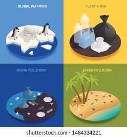 Ocean pollution isometric 2x2 design concept with text and round images representing different kinds of pollution vector illustration