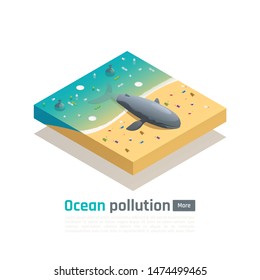 Ocean Pollution Isometric Composition With View Of Dead Whale On Polluted Sea Coast With Editable Text Vector Illustration